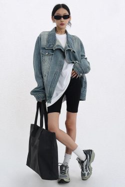 Y2K Asymmetrical Denim Jacket - Retro Style Grunge Fashion