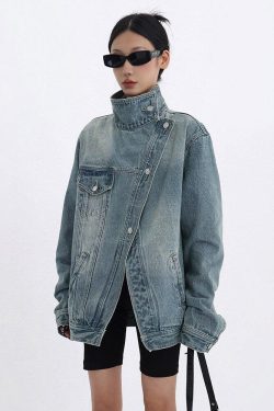 Y2K Asymmetrical Denim Jacket - Retro Style Grunge Fashion