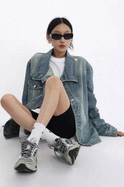 Y2K Asymmetrical Denim Jacket - Retro Style Grunge Fashion