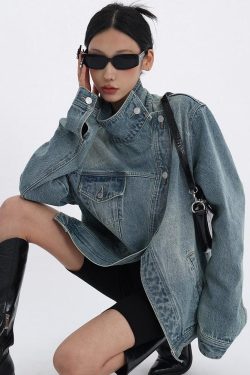 Y2K Asymmetrical Denim Jacket - Retro Style Grunge Fashion