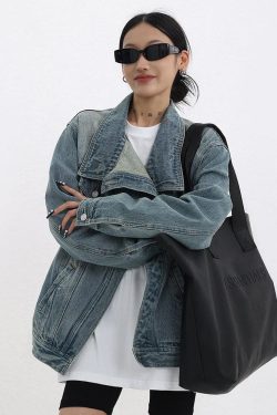 Y2K Asymmetrical Denim Jacket - Retro Style Grunge Fashion