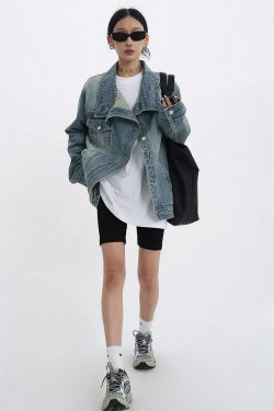 Y2K Asymmetrical Denim Jacket - Retro Style Grunge Fashion