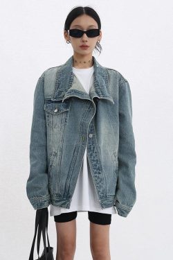 Y2K Asymmetrical Denim Jacket - Retro Style Grunge Fashion